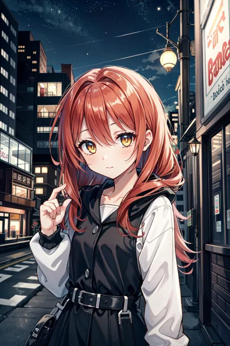 anime girl with red hair and black vest standing on a city street