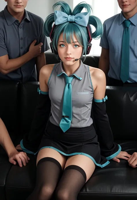 score_9, score_7_up, source_real_life, BREAK casting couch, black couch, sitting, office, door, three quarter view, 1girl, 5boys, faceless male, <lora:vocaloid_cinnamiku_ponyXL:1> cinnamiku, aqua hair, aqua eyes, updo, hair ornament, hair bow, blue bow, ear bow, headset, grey shirt, sleeveless shirt, aqua necktie, black sleeves, detached sleeves, black skirt, black thighhighs, bare shoulders,