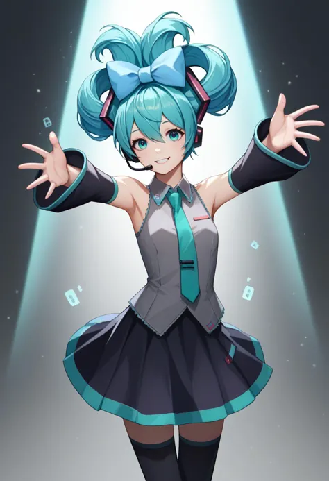 score_9, score_8_up, score_7_up, source_anime, solo, 1girl, cinnamiku, smile, looking at viewer, outstretched arms, reaching towards viewer, updo, hair ornament, hair bow, blue bow, ear bow, headset, grey shirt, sleeveless shirt, aqua necktie, black sleeves, detached sleeves, black skirt, black thighhighs, bare shoulders, spotlight <lora:vocaloid_cinnamiku_ponyXL:1>