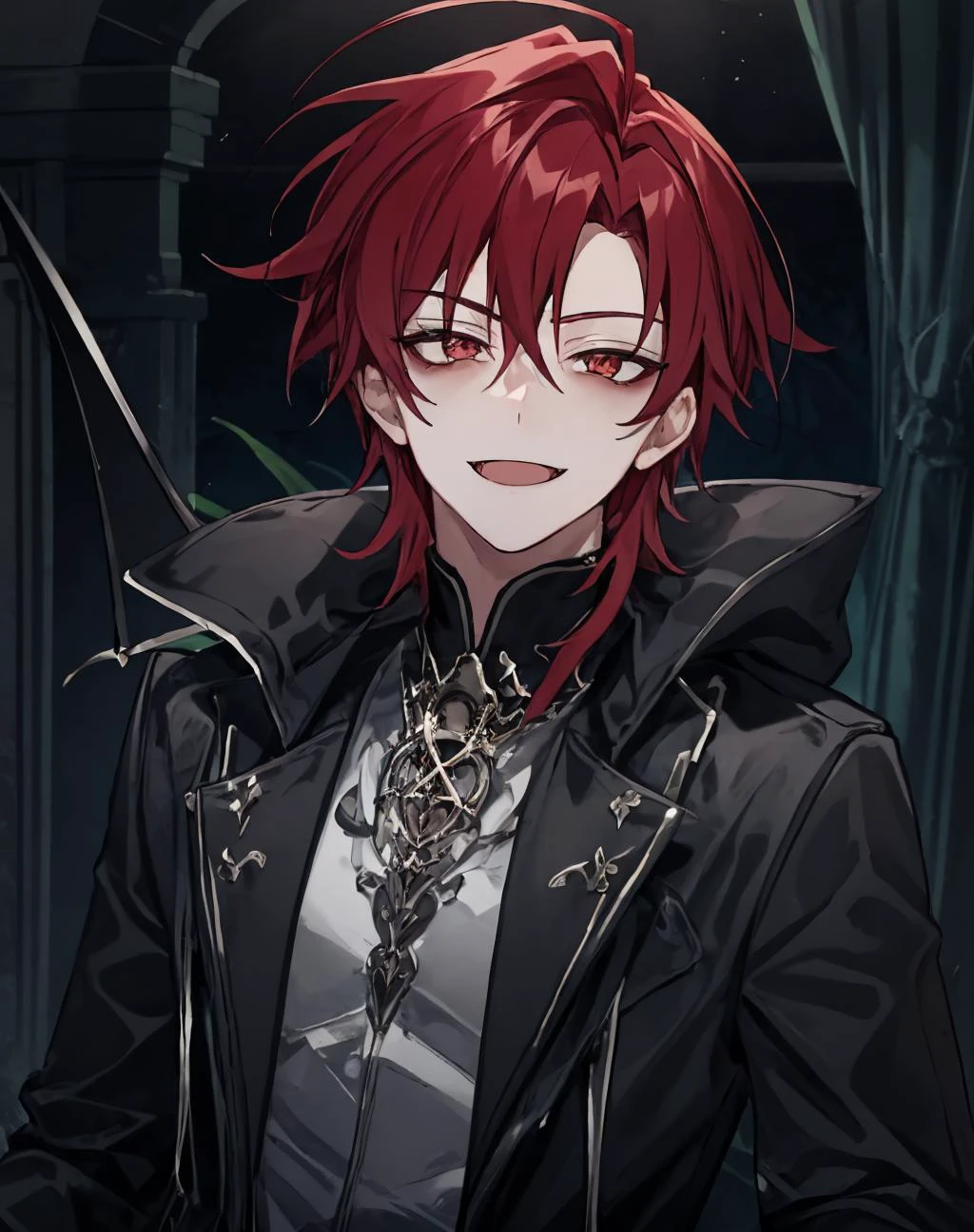 dark theme, 1boy, pale skin, bags under eyes ,red hair, spike,long hair, smile, evil smile, closed mouth, 