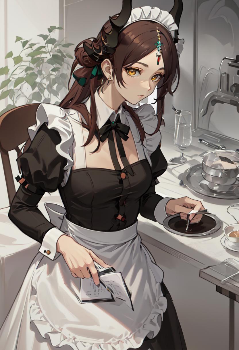 Anime image of two women in maid uniforms standing in front of a table -  SeaArt AI