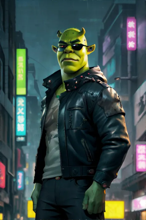 <lora:shrekdiffusion:0.5>, <lora:cyberpunk-duskfall:0.7>, Cyberpunk Style, shrek, ogre, green skin, leather jacket, neon lights, sunglasses, city street, night time, raining, <clip:skip:2>, masterpiece, 8k, high resolution, shallow depth of field, sharp focus