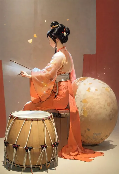 araffe dressed in a kimono sitting on a stool with a drum