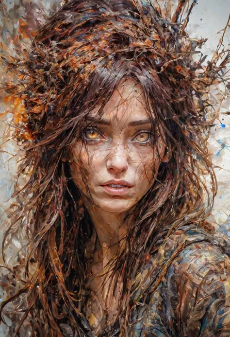 a painting of a woman with long hair and a messy head