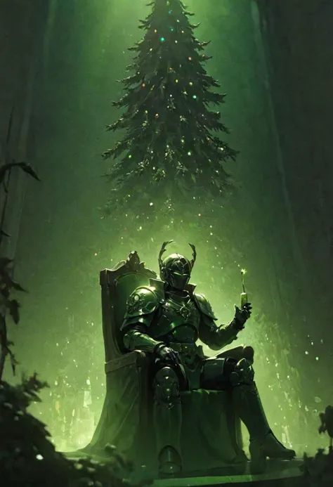 Czech Christmas fairy tale films, Old movie Style, 1970 czech, (1973), sideview, Silhouette, greenteam, 
Vintage festive xmas Overlord roboute mercenary in armor Sitting in huge luminous Green Absinthe champagne glass, laser eyes, Christmas trees Background, 
, very Detailed, awesome Quality, reflecting, luminescent, translucent, Ethereal, Aura, 80s DARK dystopian Blade Runner Flair, dynamic Scene, very detailed, uhd, masterpiece, White smoke, light beams through smoke,