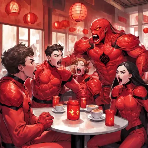 Comic of Hal Jordan in a red lantern suit, sitting and screaming in rage with his red lantern girlfriend and red lantern friends at the cafe, furious