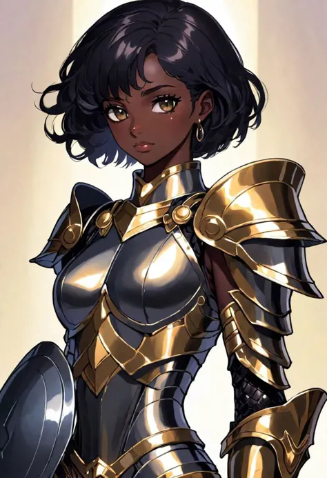 a beautiful woman, wearing armor, Saint Seiya style, holding the helmet, in her hands, dark skin, short black hair, black eyes, the armor outlines her body