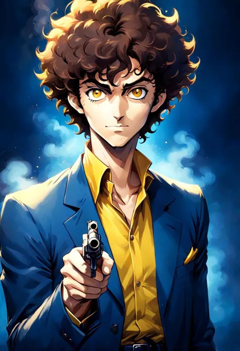Closeup Portrait, high Contrast, charming overslept Spike Spiegel, Holding large sci-fi Revolver Up, male, disheveled Brown Hair...