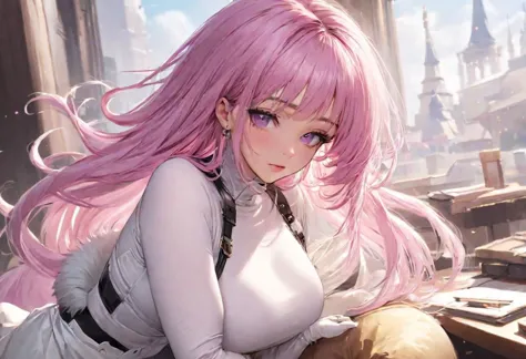 anime girl with pink hair and white dress sitting on a table