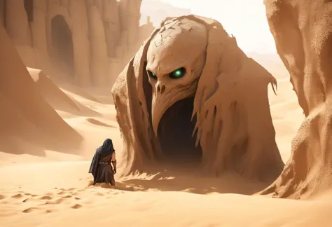 nomad hiding from a highly detailed sand golem, in desert ruins, dynamic light, matte painting, highly detailed, dynamic angle, slow shutter speed, narrow angle lens