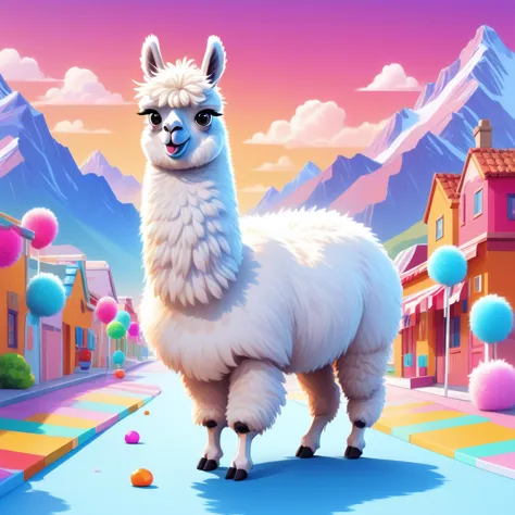 Extreme 3d flat illustration, flat aesthetic illustration, flat minimalistic art, flat stylized digital art, extreme multi colors, A close up illustration of a fluffy white llama, in an extreme fluffy candy city with fluffy colorful mountains in the background, cute and adorable little llama, walking on a candy path, A Vivid UHD image, cute pose, amazing composition, 8K, extremely detailed, natural light, masterpiece, best quality, amazing, intricate, highly detailed background,