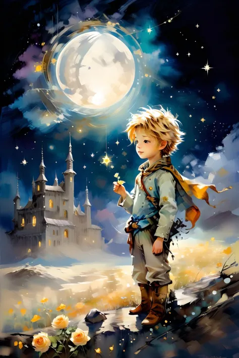 a painting of a boy standing on a hill with a castle in the background