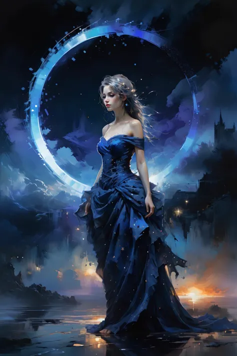 a woman in a blue dress standing in front of a moon