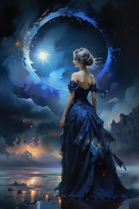 a woman in a blue dress standing on a beach looking at the moon