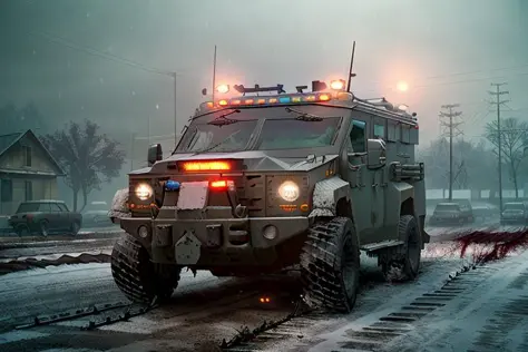 analog gloomy photo of a SWAT lenco bearcat armored car,  <lora:sw4tb34rc4t:1>, ((zombie apocalypse:1.2)), ((surrounded by crows:1.0)), (living dead), ((winter)), ((snow)), (horror movie), ((nighttime)), a decayed dilapidated city, ruins, abandoned buildin...