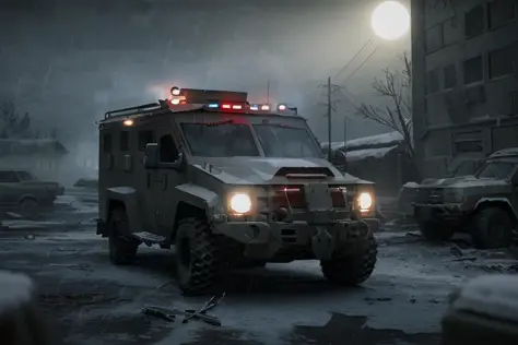 analog gloomy photo of a SWAT armored car,  <lora:sw4tb34rc4t:1>, ((zombie apocalypse:0.5)), ((surrounded by crows:0.7)), (living dead), (winter), (snow), (horror movie), ((nighttime)), a deserted city, ruins, abandoned buildings, High Detail, Sharp focus,...