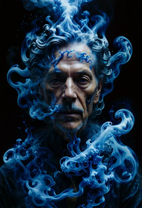 breathtaking cinematic photo joyful, angry, rpg concept art, 72 year old light-weight (smoke style, dissolve, swirling, photogra...