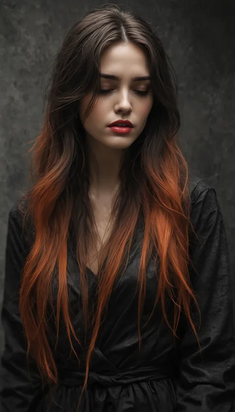 _black_orange_grey_very_long_hair-10_,Silken shadows dance,Whispering secrets unseen,Soft embrace of night. fantasy,dreamlike,su...