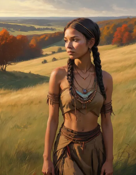 texture concept art  mohican native indian girl  on the prairie in the distance on a grassy hill in 1855 of Irish in autumn , na...