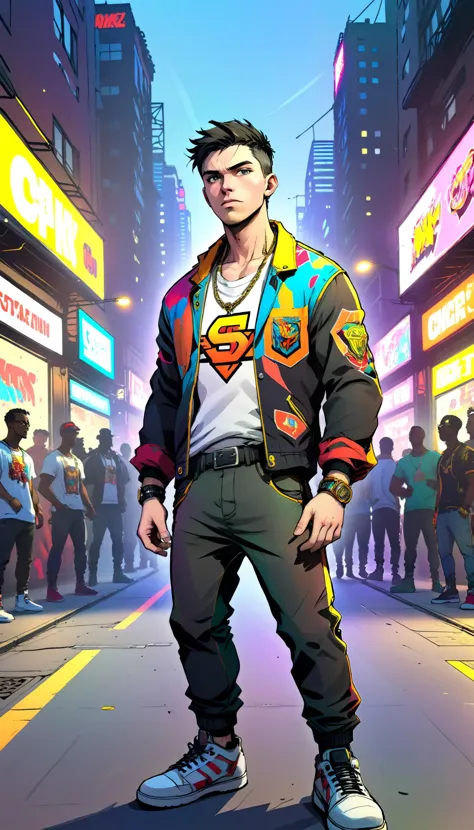 a cartoon of a man standing on a city street in a jacket