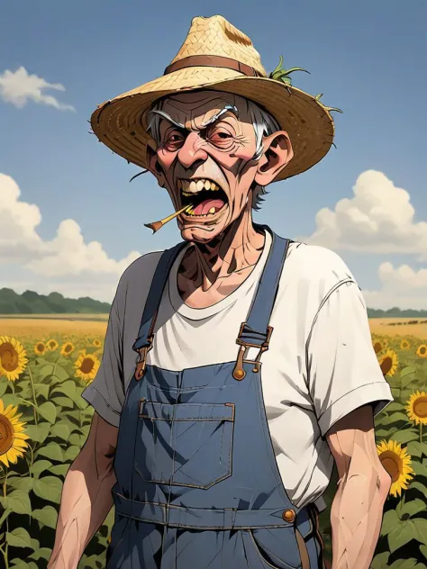 Farmer - denim overalls, straw hat, pitchfork, skinny chest and overweight hip,ugly old man, twisted personnality, vociferating, screaming, sputtering, dirty clothes, thorns, greases and dust, small nose, <lora:mhk_comics:1>