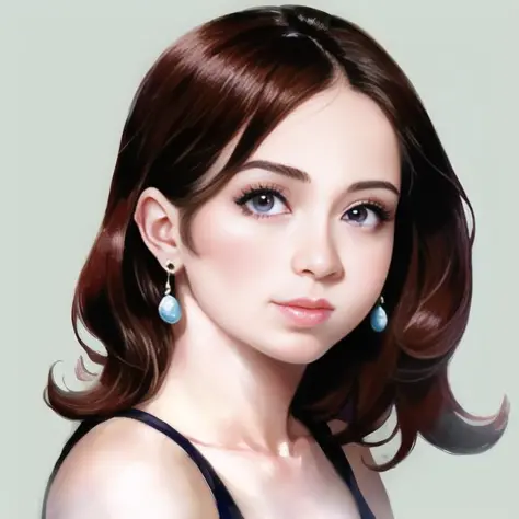 absurdres, absurd resolution, highres, high resolution, best quality, masterpiece, art by junkpuyo, 1girl, face, looking looking at viewer, purple eyes, big eyes, brown hair, realistic, ((upper body)), earrings, eyelashes, bare shoulders,