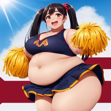 art by squarewave, fat, 1girl, pom pom (cheerleading), breasts, thighs, plump, solo, thick thighs, thick arms, cheerleader, belly, open mouth, navel, skirt, twintails, looking at viewer, smile, arm up
