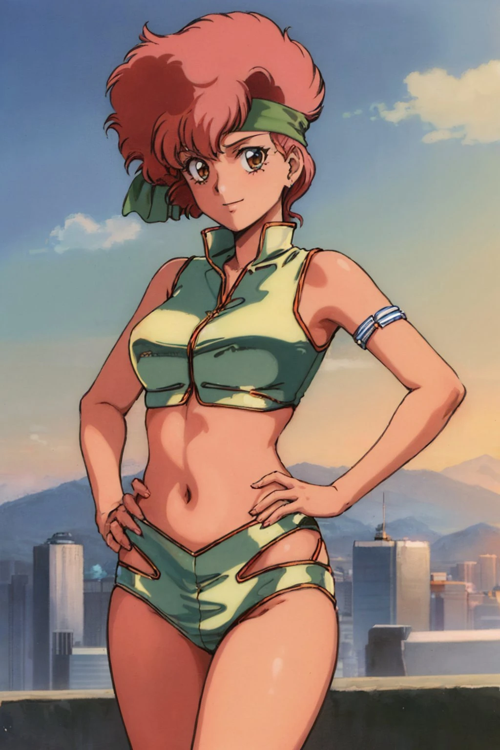 (masterpiece, best quality:1.2), (1980s \(style\):1.1), cowboy shot, solo, 1girl, dirtypairkei, smile, looking at viewer, hands on hips, headband, uniform, crop top 