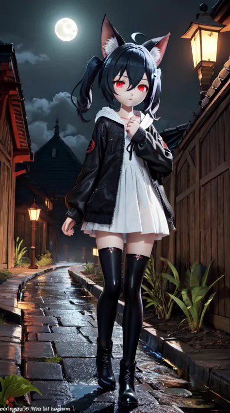 1girl, flat chest, shiny skin, short hair, black hair, ahoge, messy hair, payot, twintails, short twintails, animal ears, animal ear fluff, bat ears, bangs, hair between eyes, bat hair ornament, expressionless, empty eyes, red eyes, glowing eyes, white dress, short dress, pleated skirt, hooded jacket, black jacket, open jacket, open clothes, black hood, hood down, long sleeves, wide sleeves, sleeves past wrists, sleeves past fingers, black thighhighs, zettai ryouiki, boots, black footwear, swamp, outdoors, night, sky, tree, moonlight, water, plant, reeds, fog, pathway, shore, log, lantern, shadow, spooky, creepy, eerie, <lora:mmd++++-000008:0.7>, masterpiece, best quality, official art, extremely detailed CG unity 8k wallpaper, artbook,