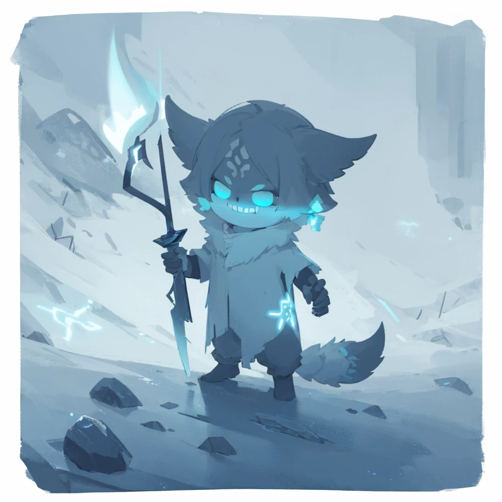 (masterpiece, best quality:1.3), (YaeMikoFox:1.1) holding spear, smiling, fluffy tail,no humans, chibi, detailed face, detailed eyes, holding, weapon, holding weapon, border, glowing eyes, wide grin, cold lighting, dark, eerie,