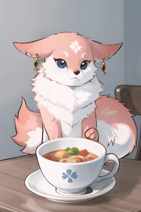 Highly detailed, High Quality, Masterpiece, beautiful, YaeMikoFox, <lora:YaeMikoFox:1>, no humans, food, simple background, elbows on table, cup, blurry background, indoors, <lora:Pos_AcrossTable:0.85>