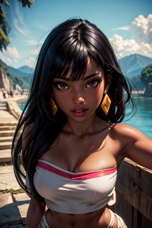 (masterpiece:1.2), (best quality), (ultra detailed), (8k, 4k, intricate),(full-body-shot:1), (highly detailed:1.2),(detailed face:1.2), (detailed background),detailed landscape, ((portrait)), (dynamic pose:1.2), chel 1girl, solo, long hair, breasts, looking at viewer, bangs, black hair, navel, bare shoulders, brown eyes, jewelry, standing, thighs, earrings, midriff, dark skin, bracelet, dark-skinned female, lips, strapless, pelvic curtain, wide hips, tube top, loincloth