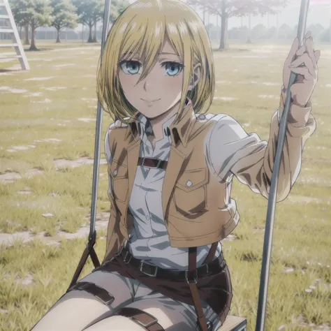 1girl, solo, christa renz, smile, hair between eyes, blue eyes, blonde hair, jacket, medium hair, on swing, on Playground, gras and few trees in background,  <lora:Christa Renz  Historia Reiss - Shingeki No Kyojin:1> <lora:aot_style:0.5>