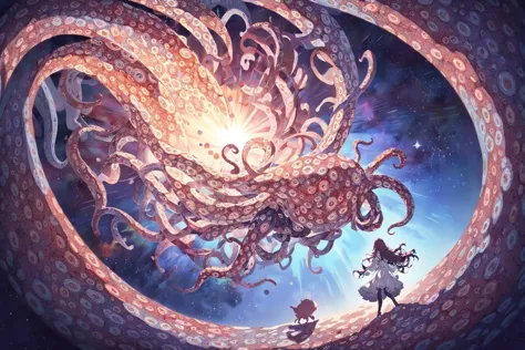 octopus tentacles are floating in the air above a girl and a cat