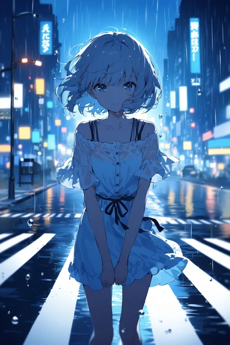 blue theme,cute 1girl, silver short hair, rainy, blurry citylights, pedestrian crossing, summer outfit, melancholy face, water d...