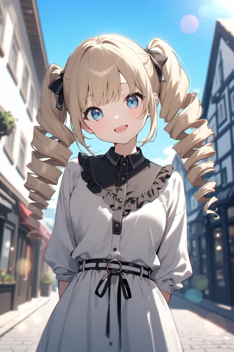 anime girl with long blonde hair and blue eyes standing in a street