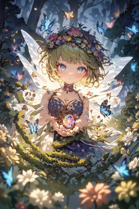 a girl with a butterfly and flower crown holding a flower