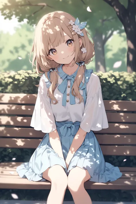 anime girl sitting on a bench in a park with trees