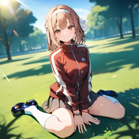 1girl,half updo,white hairband,bracelet,multiple earth colors track jacket and pleated skirt,white over-kneehighs,black flat shoes,looking_at_viewer,smile,wariza,park,grassy area,dynamic_angle,contour_deepening,lens flare,chromatic aberration,depth of field,masterpiece,best quality,