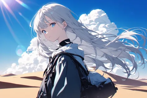 anime girl with long white hair in desert area with sun