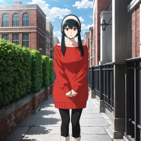 anime girl in red dress standing on sidewalk in urban area