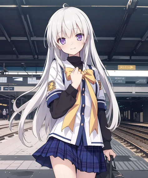 cds school uniform,long sleeves,white hair,purple eyes,long hair,ahoge,bangs,looking at viewer,straight_hair,happy,train station...