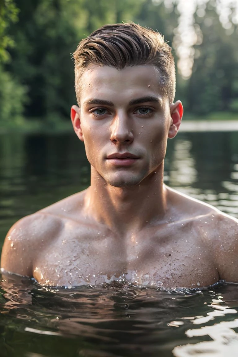 (masterpiece, best quality), Nighttime, alluring, an average young man, slim, short dark blonde hair, beckoning viewer to join, shirtless, standing in water of lake, woods, hyper real,  youthful skin, life-like, hyperdetailed, photorealistic, accurate, proportionate,  ((detailed realistic skin, life-like detailed realistic face)),