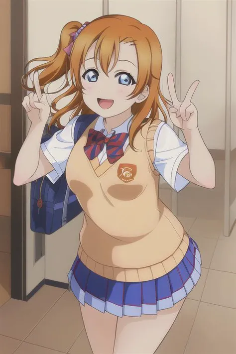 masterpiece, best quality, masterpiece, (1girl), (LLChar), (kousaka honoka:1.1), (orange hair, one side up, blue eyes), standing, (school uniform, pleated skirt, sweater vest:1.4, red bowtie, striped bowtie), happy, peace sign