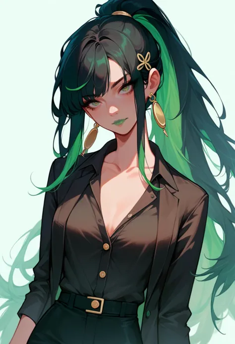 a close up of a person with long green hair and a black shirt