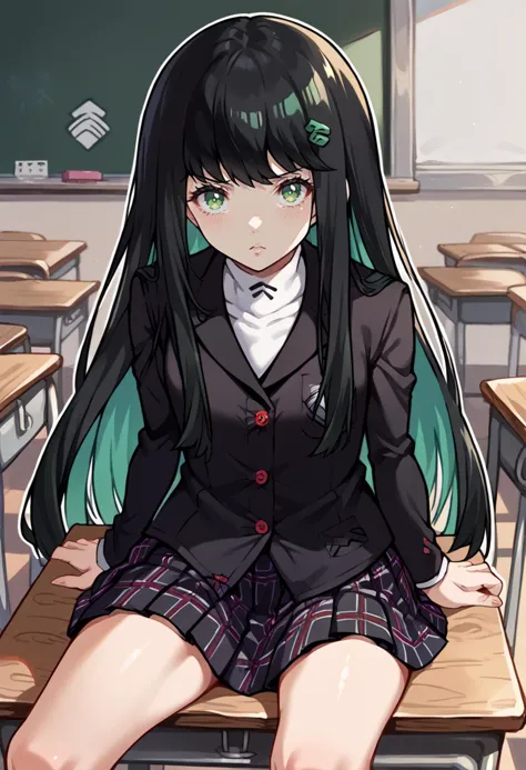 anime girl sitting on a desk in a classroom with a blackboard