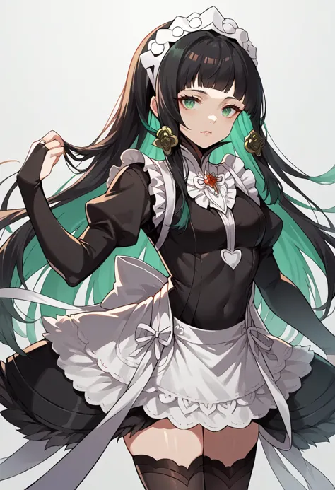 score_9, score_7_up, source_anime, BREAK solo, <lora:wrenchqupgr:1> wrnchqupgr, green eyes, black hair, multicolored hair,  <lora:fatesmaid-fe-richy-v1_pdxl:0.8> fates maid, maid headdress, maid apron, bridal gauntlets, black thighhighs,