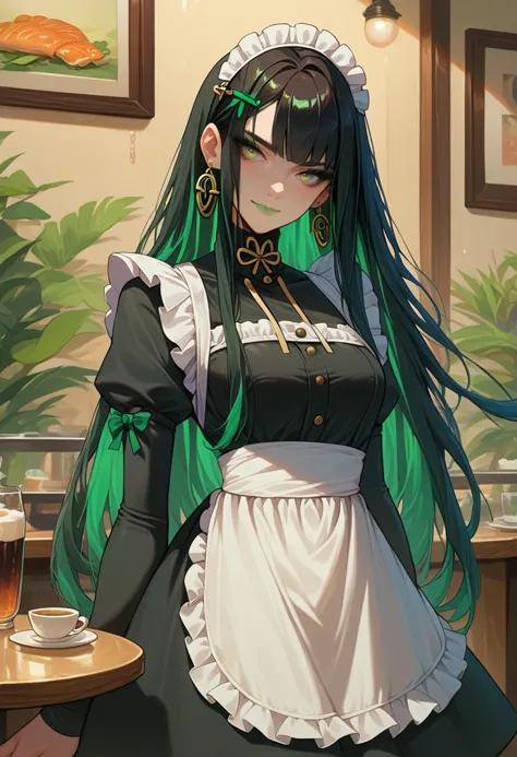 anime girl with green hair and black dress holding a glass of beer