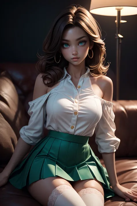 (full body shot:1.3), bokeh:1.2, indoors, (white thigh socks), sitting on sofa, solo, ((wearing circle skirt and over-sized shirt with shoulders showing)),  <lora:more_details:0.4>, <lora:LowRA:0.45>,
(22 years old woman), medium breast, small waist, brown flowing hair glamour, (green glowing eyes, beautiful eyes), beautiful face, perfect illumination, beautiful detailed eyes, looking at viewer, stunningly beautiful woman, detailed hairstyle, realistic_detailed_skin_texture,  good hands,  good feet, (8k, RAW photo, best quality, masterpiece:1.2), (realistic, photo-realistic:1.37), ultra high res, photon mapping, radiosity, physically-based rendering, (ambient light:1.3), (cinematic composition:1.3),professional soft lighting, light on face,