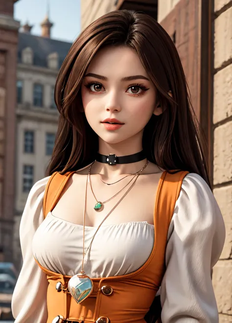 high level of detail, best quality, masterpiece,
<lora:garnettilalexandros_smf_lora_e02:0.9>, 1girl, garnet-smf, garnet til alexandros xvii, solo, long hair, breasts, bodysuit, orange bodysuit, choker, jewelry, brown eyes, looking at viewer, brown hair, necklace, puffy sleeves, black hair, medium breasts, lips, cleavage, closed mouth, long sleeves, pendant, collarbone, puffy long sleeves,
<lora:add_detail:0.5>